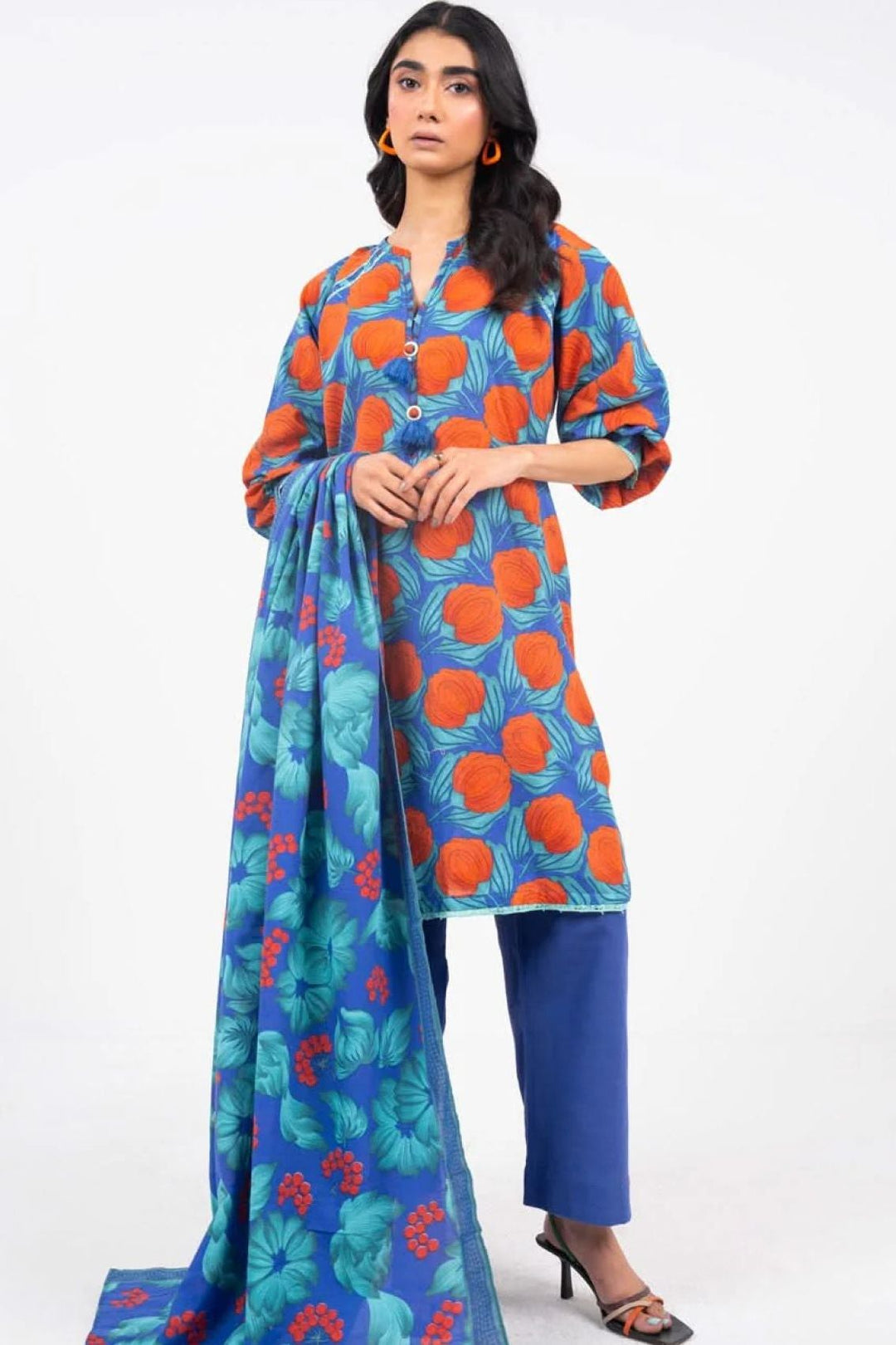 Printed Khaddar Blue Unstitched Suit - Alkaram