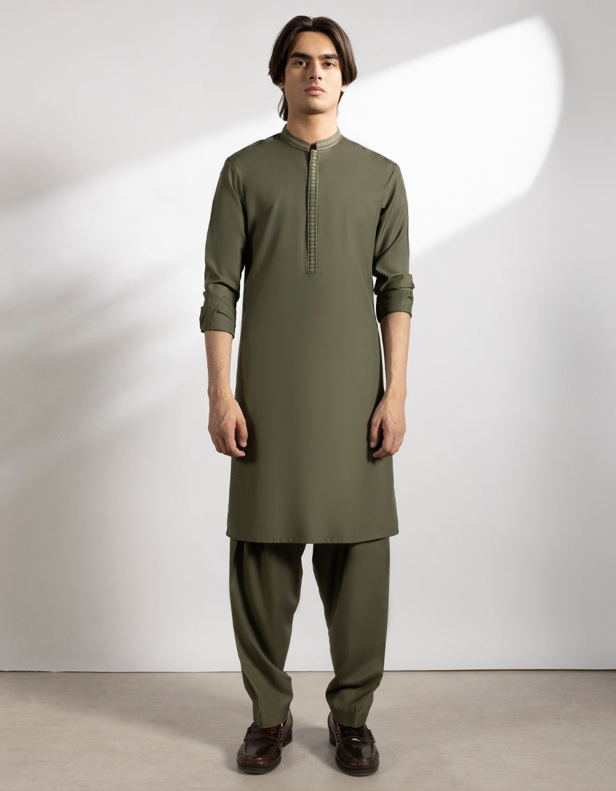Blended Mehndi Green Shalwar Kameez - J. Junaid Jamshed Janan Blended Mehndi Green Shalwar Kameez - J. Junaid Jamshed Janan