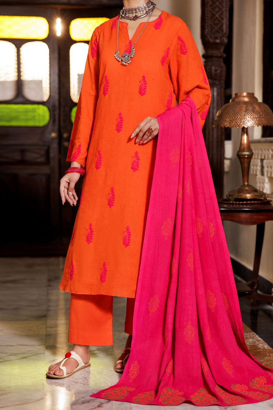 Yarn Dyed Orange Unstitched Suit - Almirah