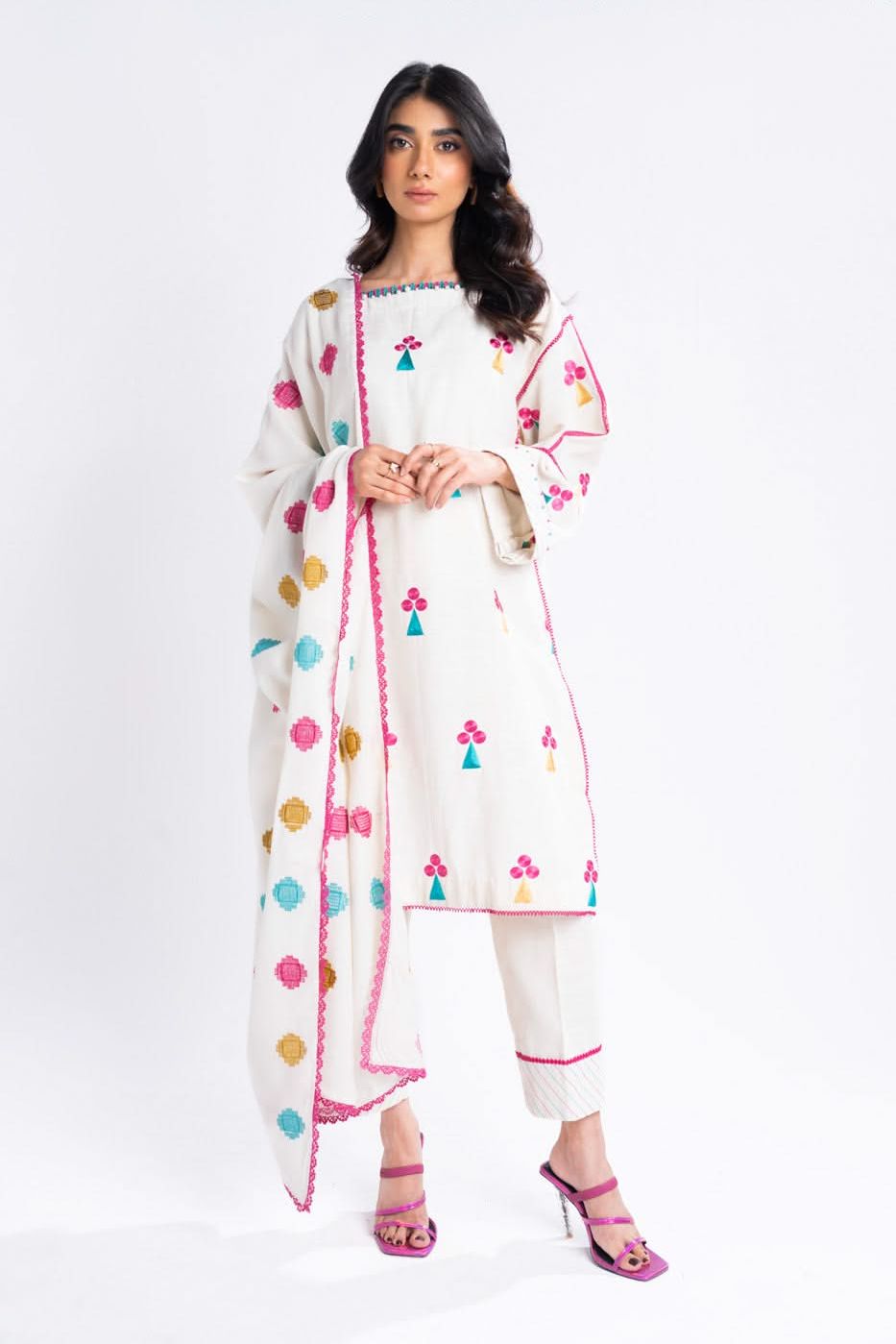 Embroidered Khaddar Off White Unstitched Suit - Alkaram
