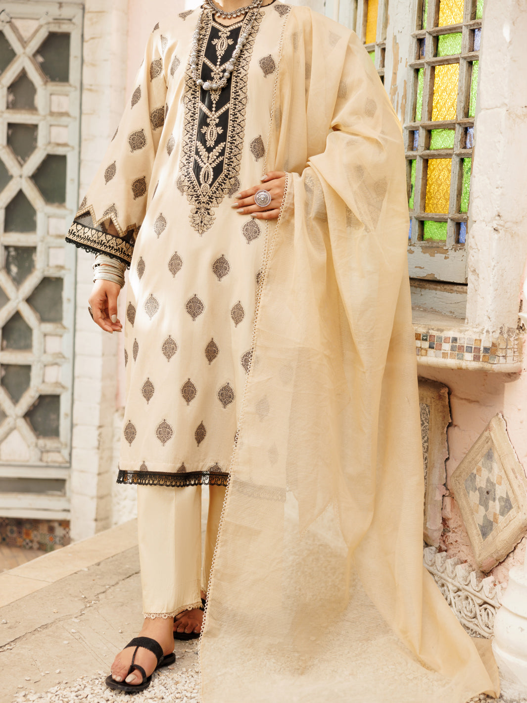 Jacquard Khaki Unstitched Suit - Almirah