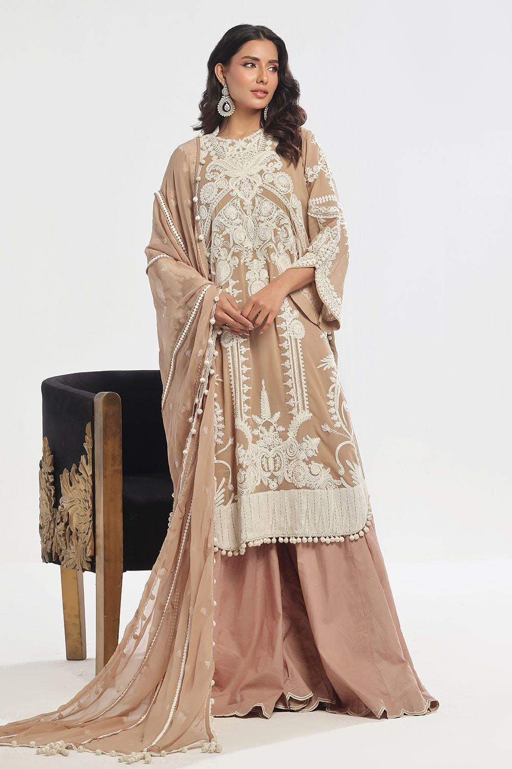 Embroidered Swiss Voile Beige Unstitched Suit - Gul Ahmed