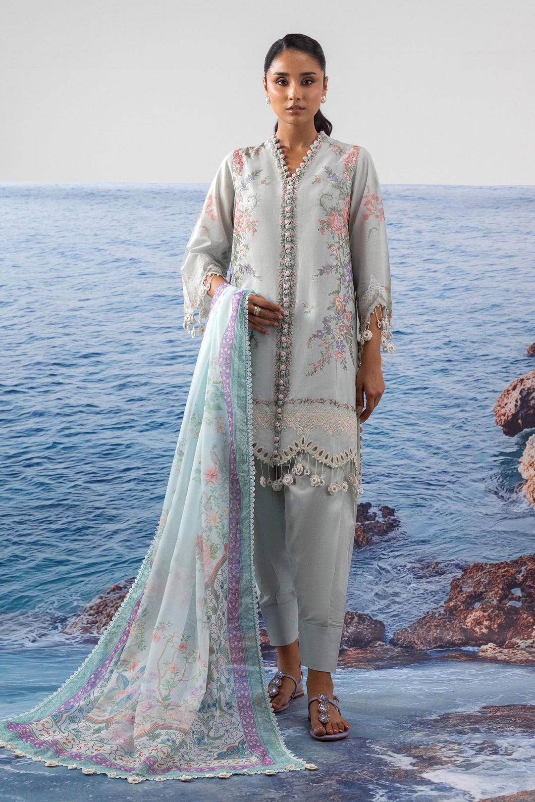 Lawn Light Blue Stitched Suit - Sana Safinaz Muzlin Stitched