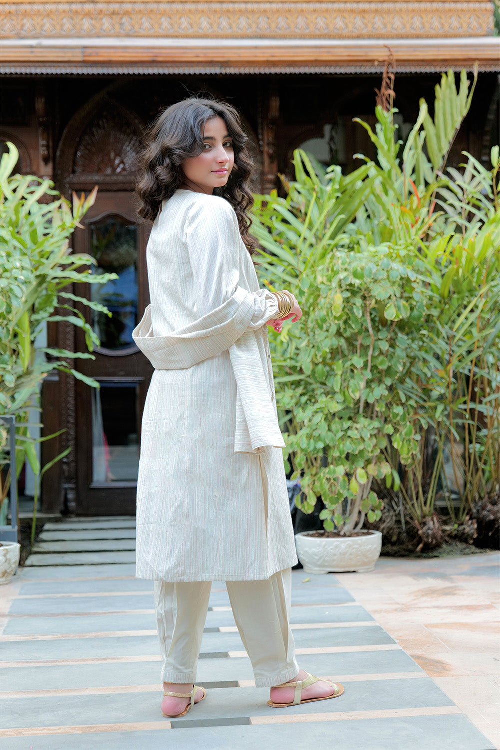 Cotton Dobby Jacquard Off White Stitched Suit - Senorita