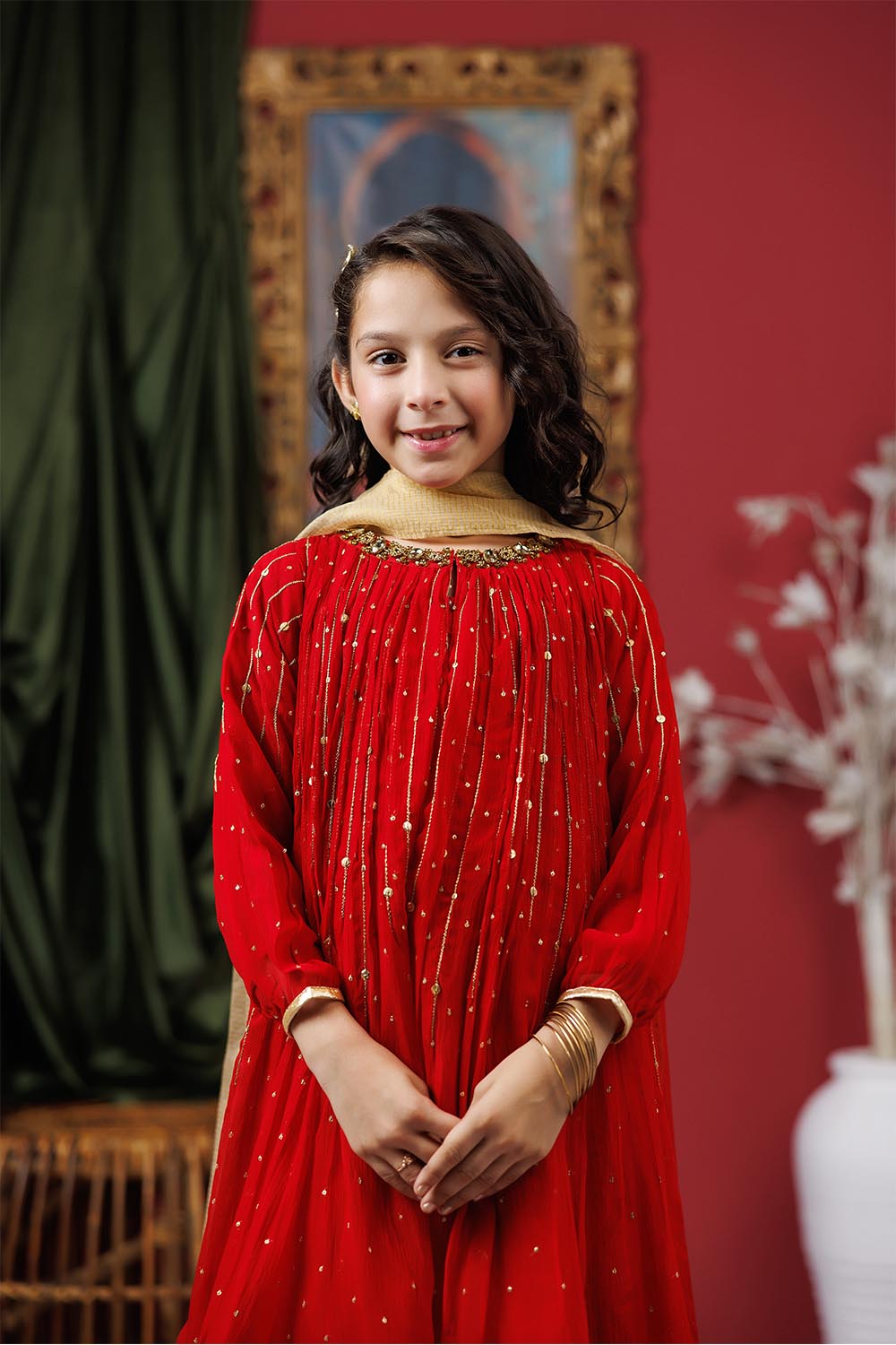 Viscose Crinkle Chiffon Red Stitched Suit - Senorita