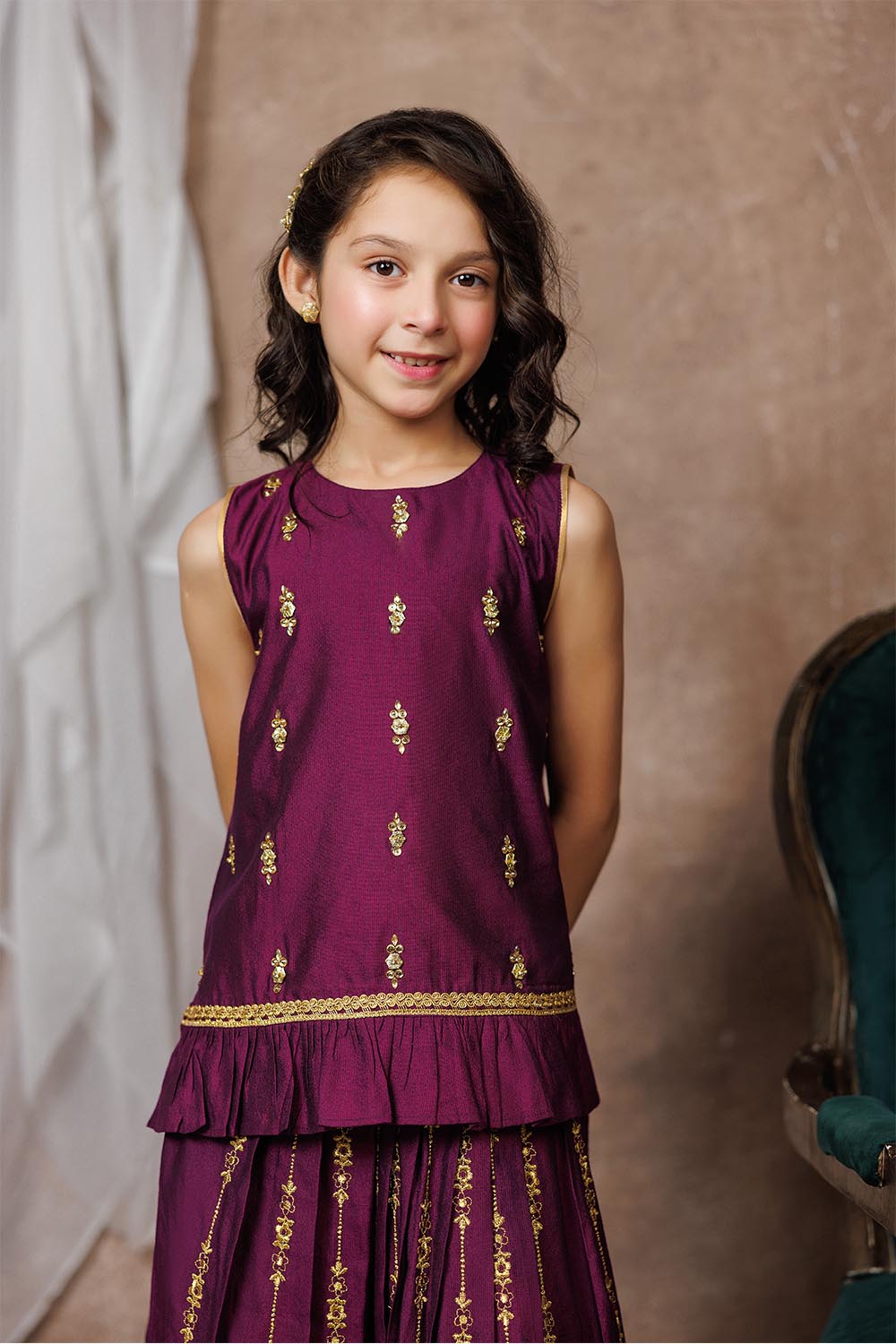 Viscose Chambray Katan Purple & Gold Stitched Suit - Senorita