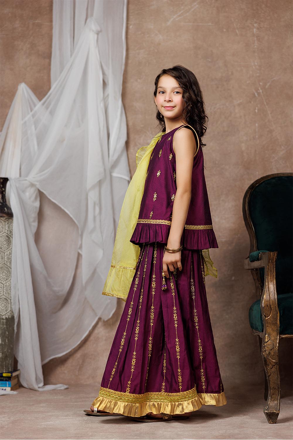 Viscose Chambray Katan Purple & Gold Stitched Suit - Senorita