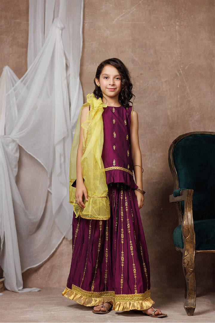 Viscose Chambray Katan Purple & Gold Stitched Suit - Senorita