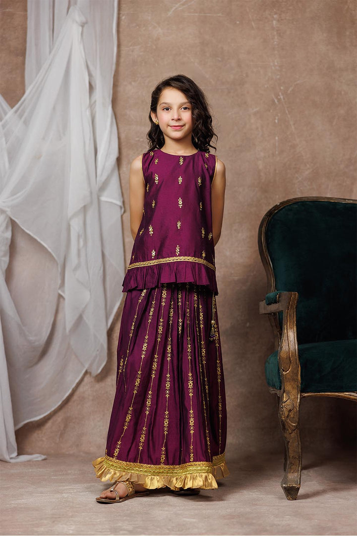 Viscose Chambray Katan Purple & Gold Stitched Suit - Senorita