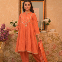 Viscose Cotton Filament Jacquard Orange & Gold Stitched Suit - Senorita