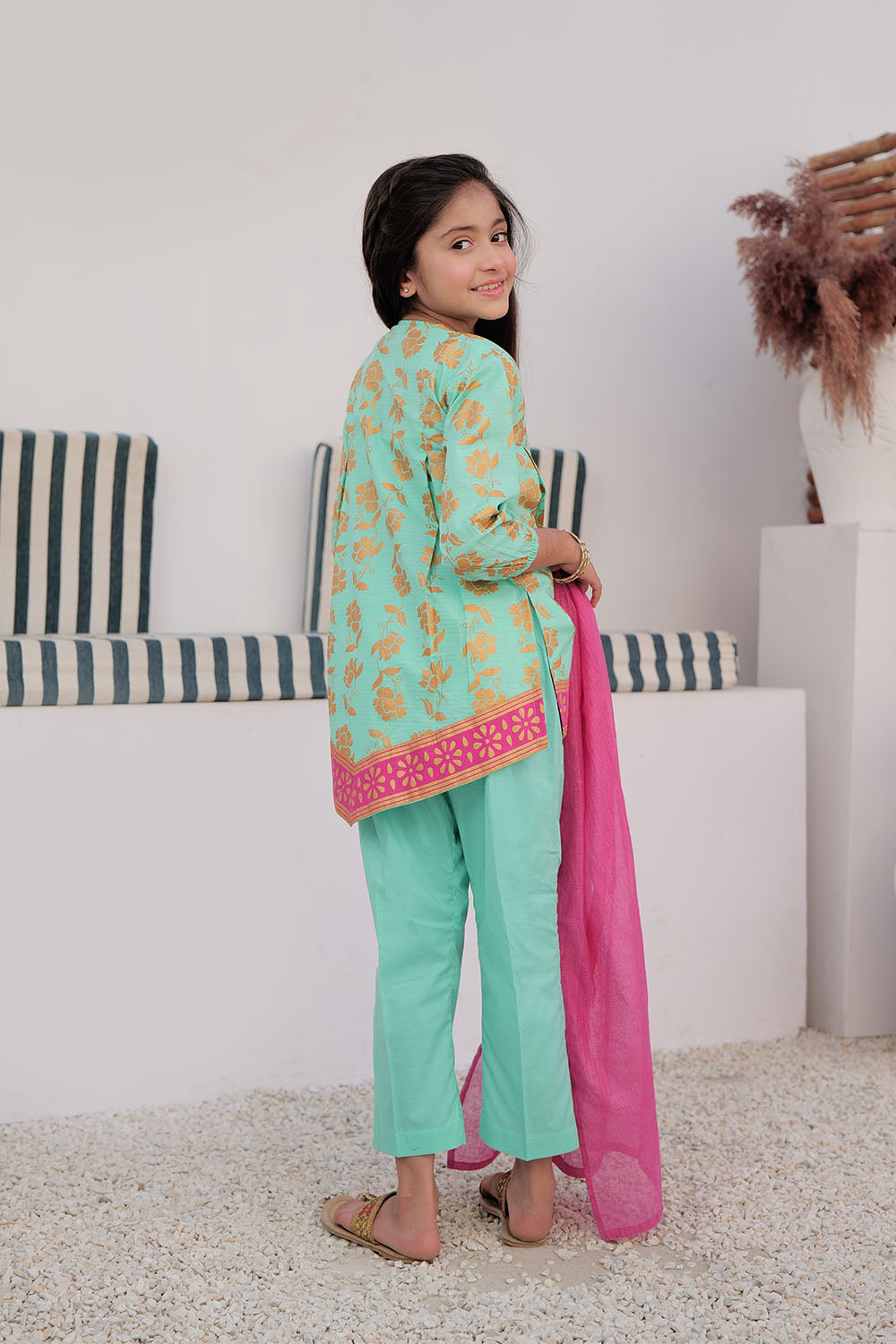 Cotton Dobby Gold Print Sea Green Stitched Suit - Senorita