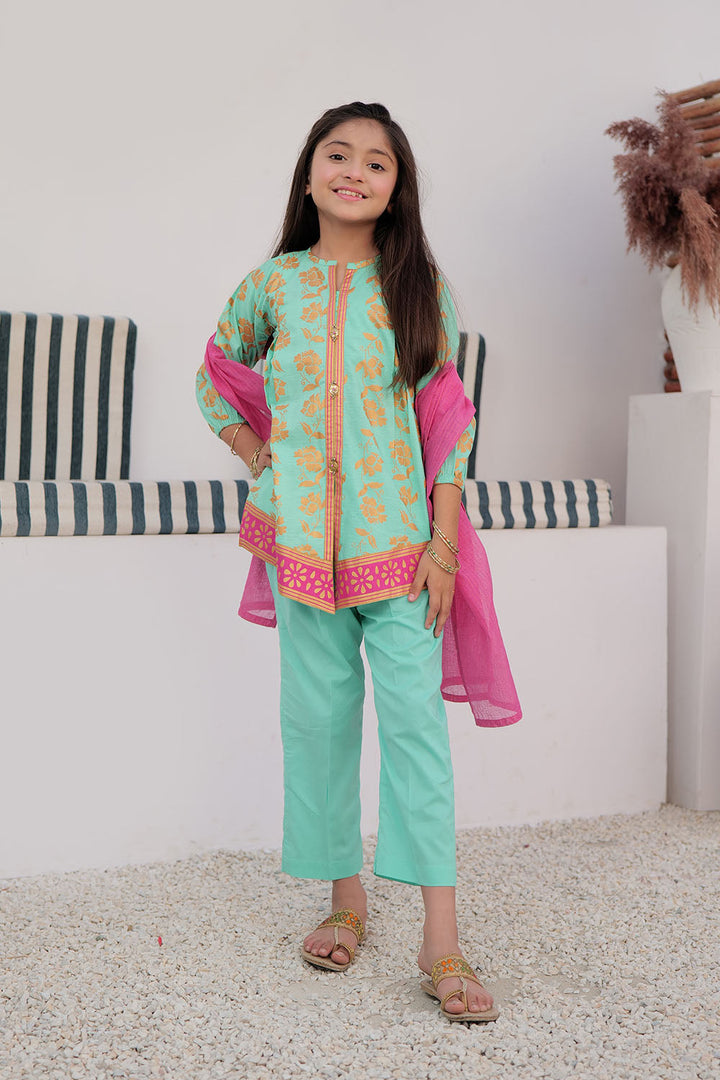 Cotton Dobby Gold Print Sea Green Stitched Suit - Senorita
