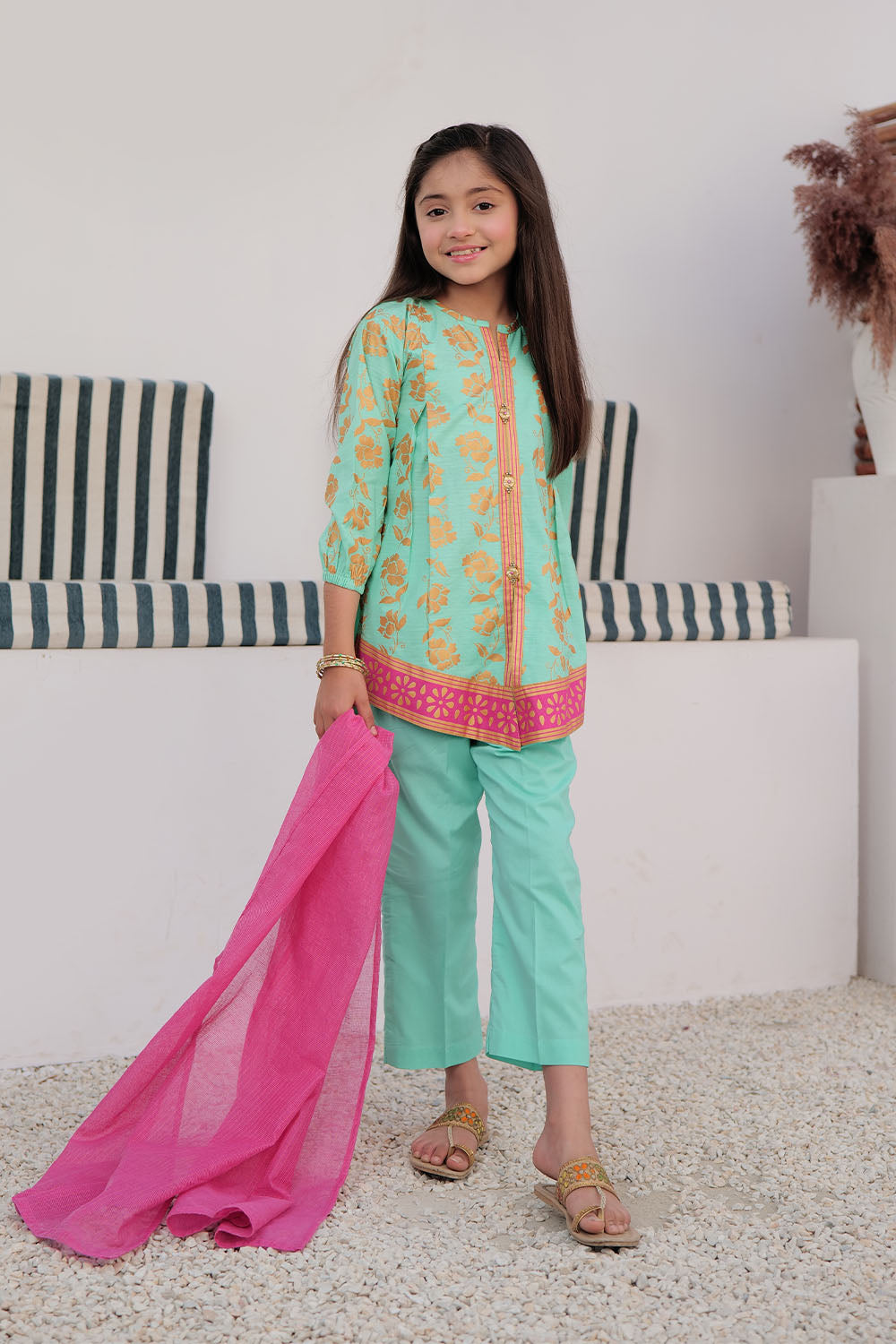 Cotton Dobby Gold Print Sea Green Stitched Suit - Senorita