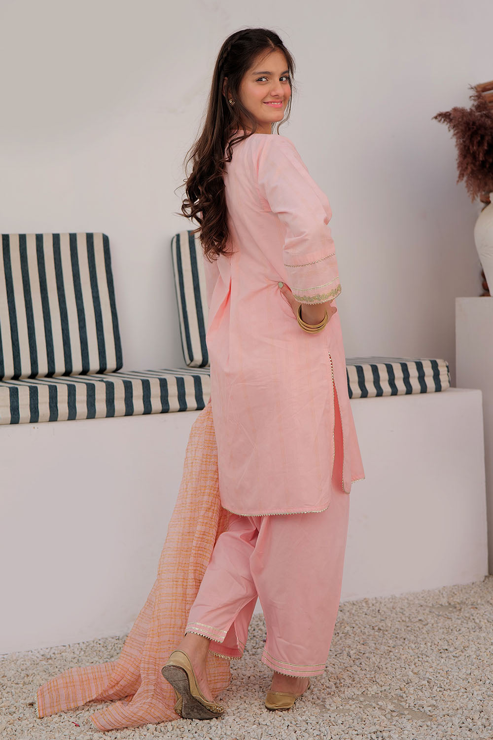 Cotton Dobby Peach Stitched Suit - Senorita
