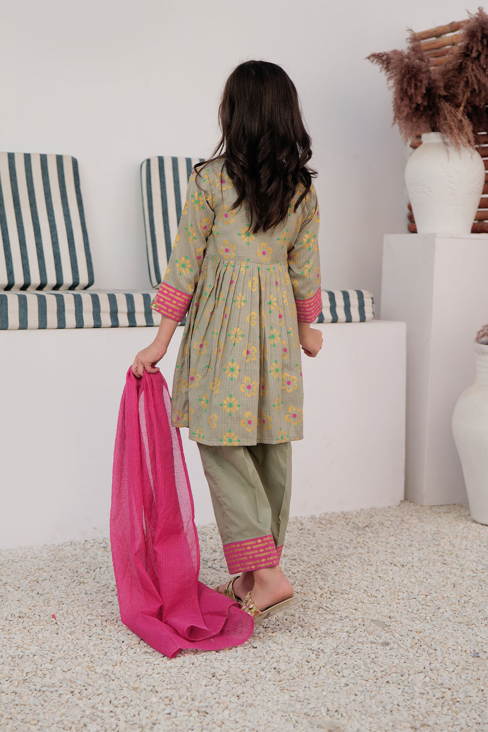 Cotton Dobby Dye Over Gold Print Grey Stitched Suit - Senorita