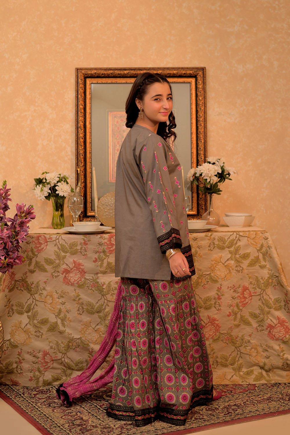 Cotton Lawn Gold Printed Grey Stitched Suit - Senorita
