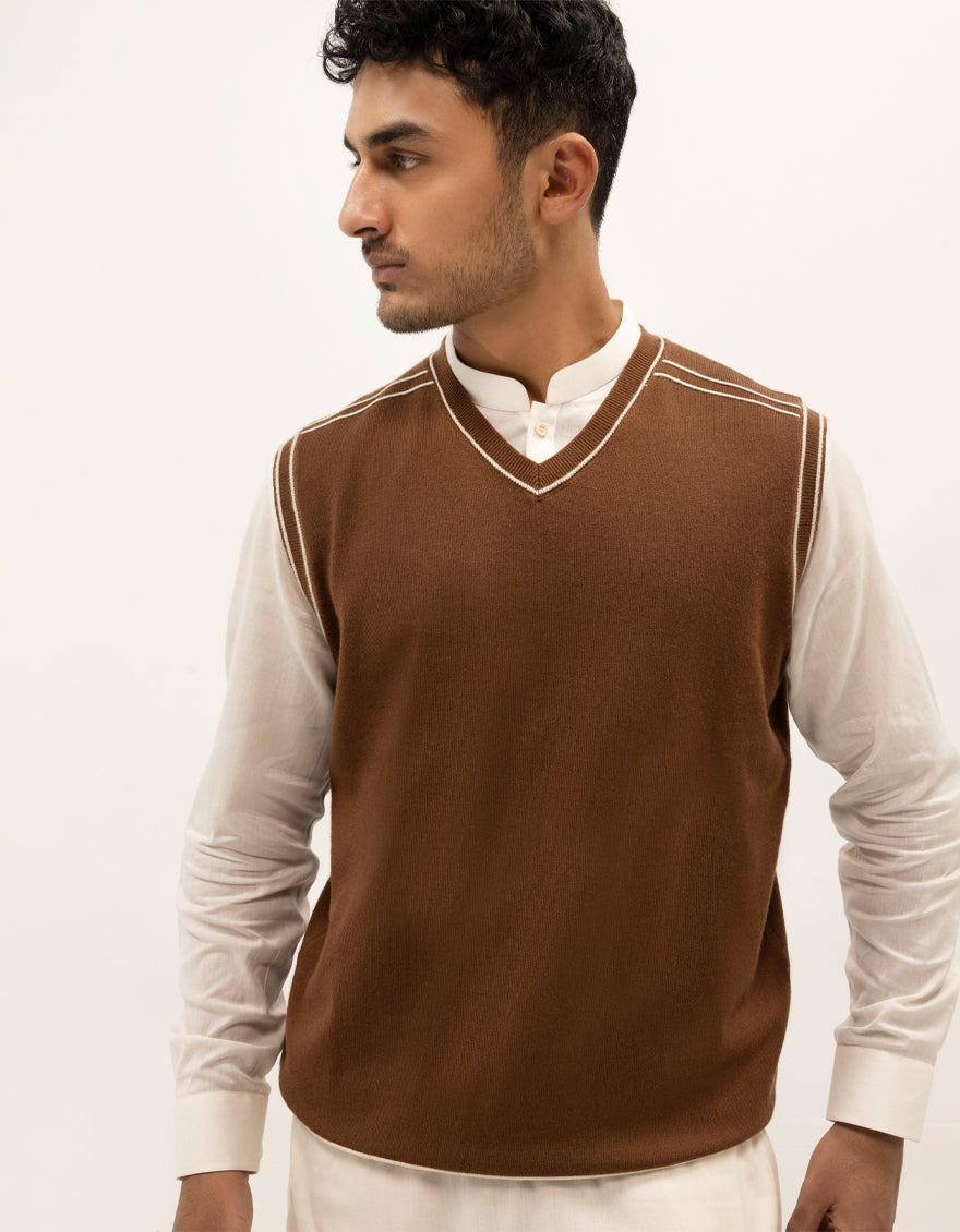 GEMINI - BROWN V-NECK SWEATER - J. Junaid Jamshed