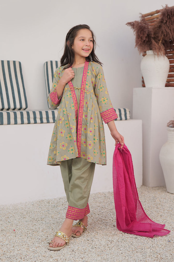 Cotton Dobby Dye Over Gold Print Grey Stitched Suit - Senorita