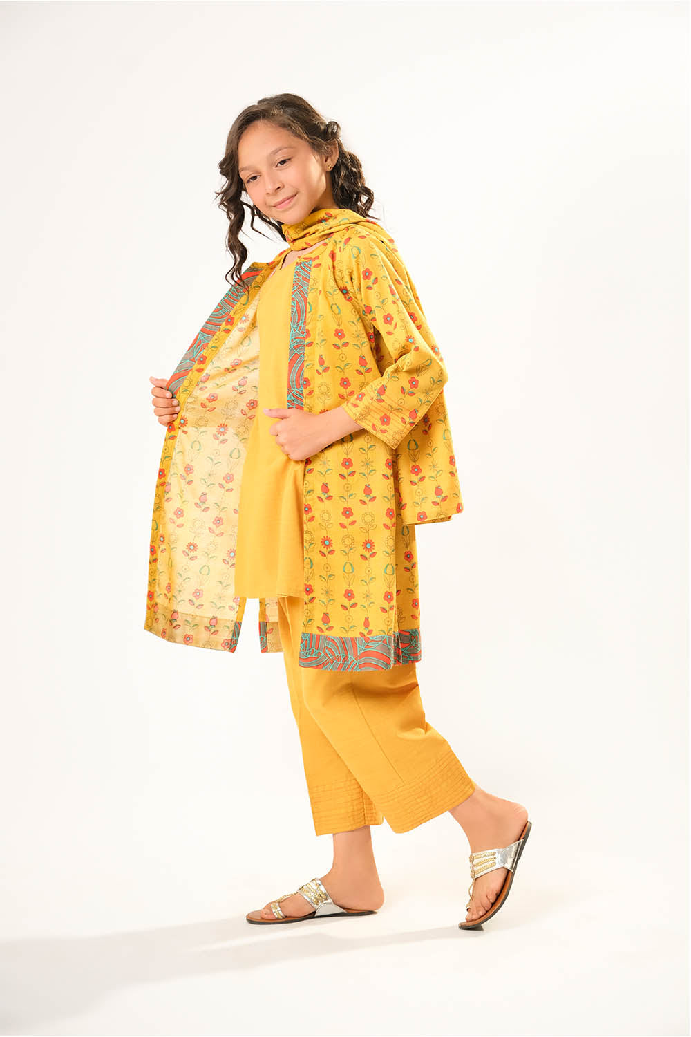 Cotton Khaddar Printed Mustard Stitched Suit - Senorita