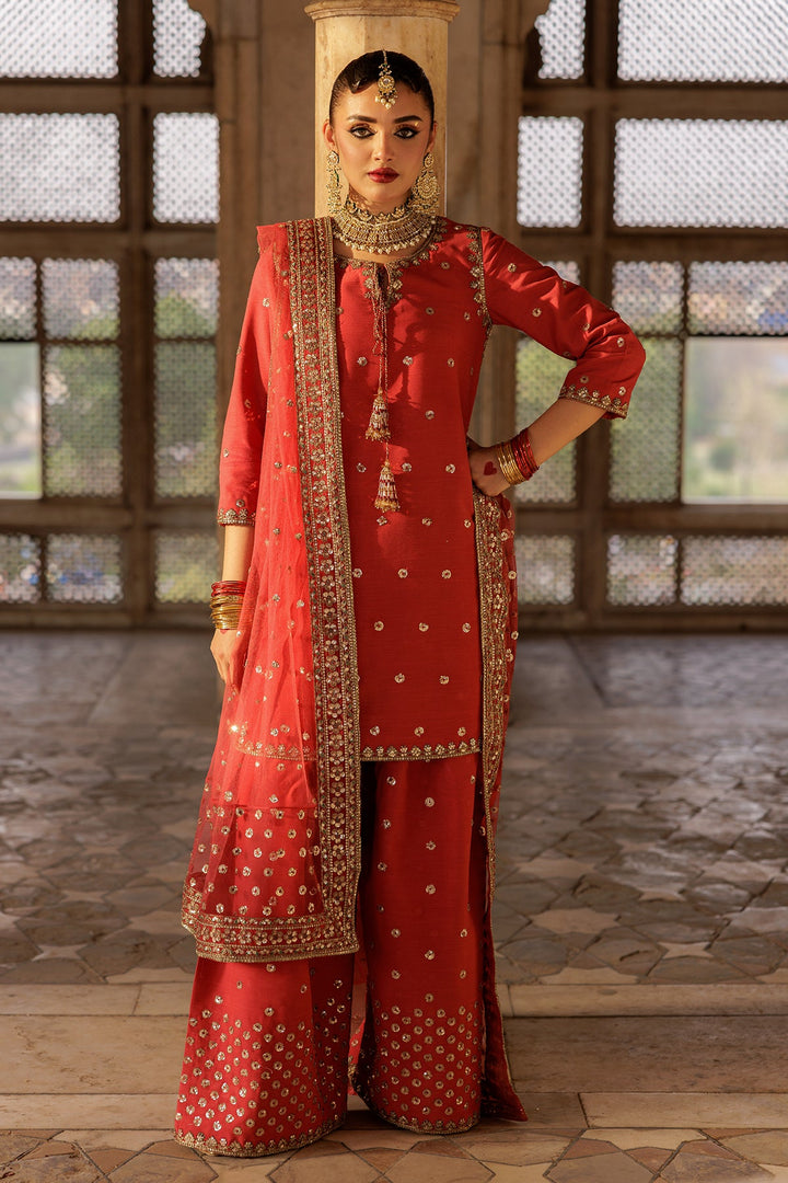 Embroidered Raw Silk Red Stitched Suit - Charizma