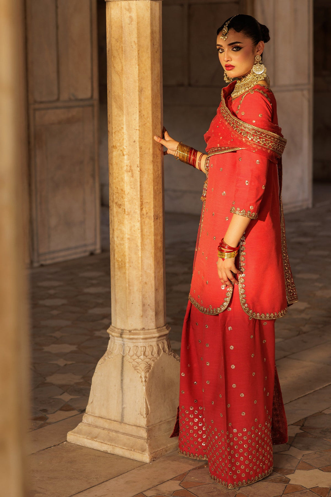 Embroidered Raw Silk Red Stitched Suit - Charizma