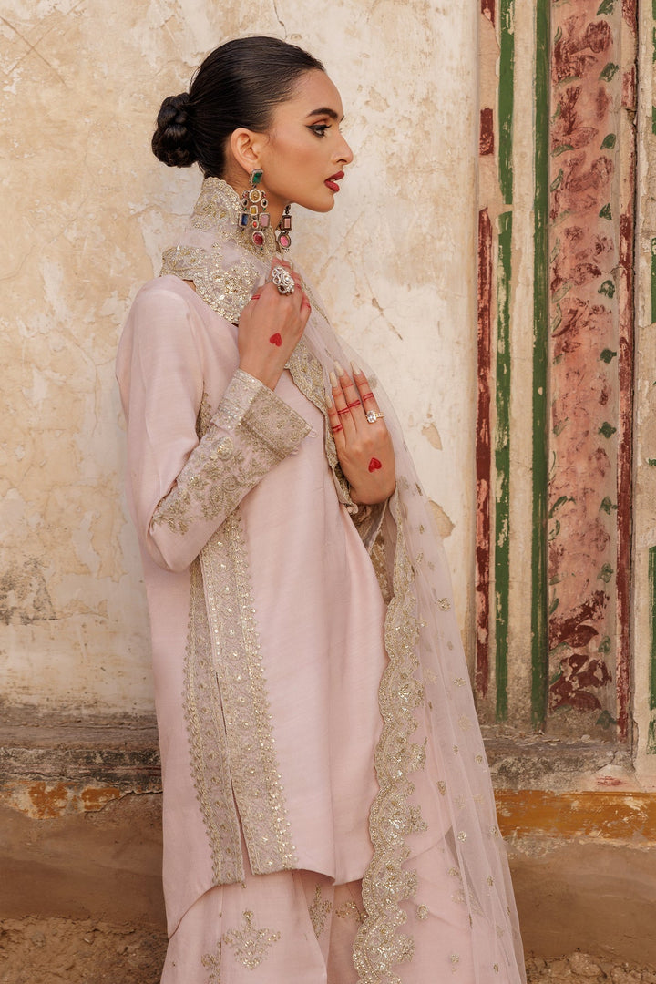 Embroidered Raw Silk Baby Pink Stitched Suit - Charizma
