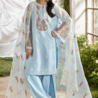 Embroidered Cotton Net Blue Stitched Suit - Charizma