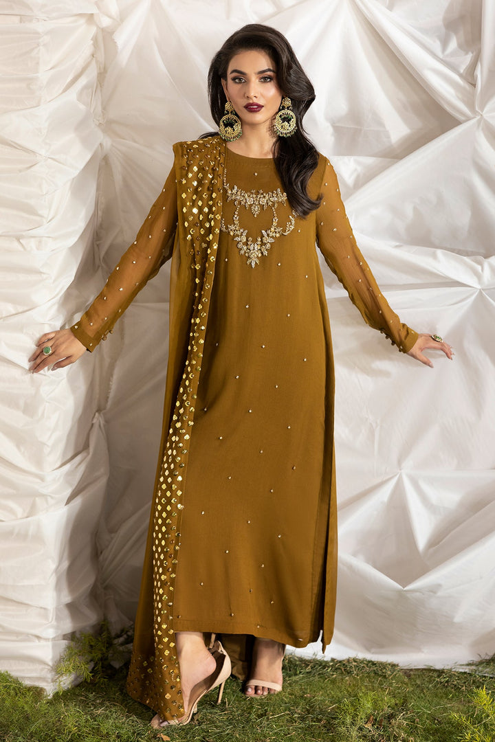 Embroidered Chiffon Mehndi Stitched Suit - Charizma