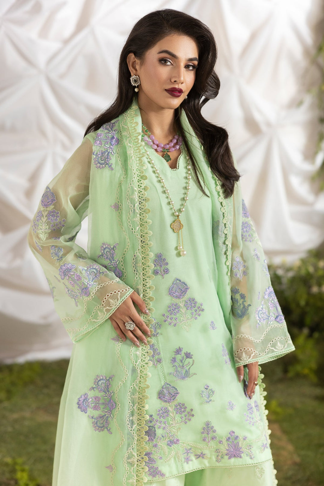 Embroidered Cotton Net Mint Green Stitched Suit - Charizma