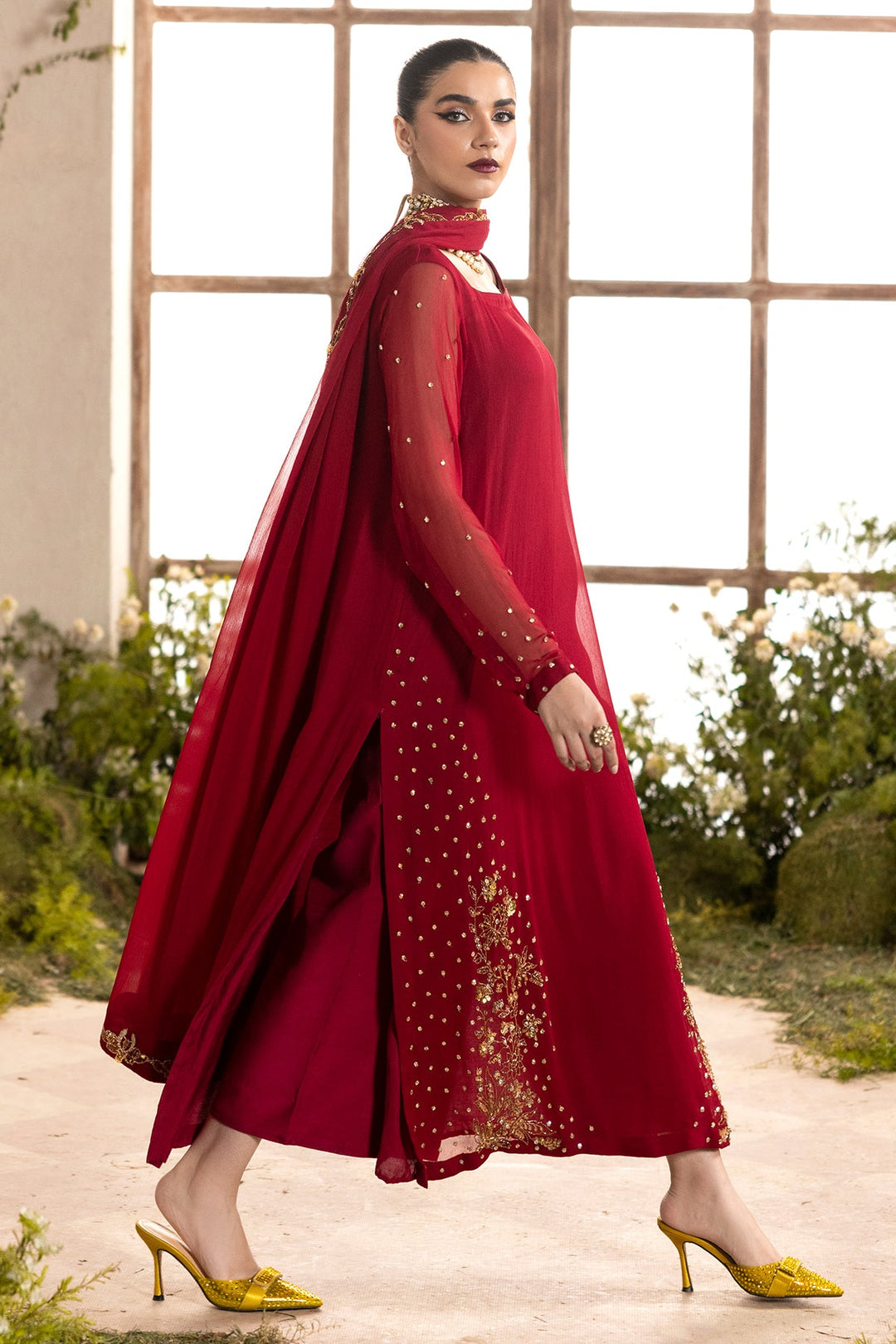 Embroidered Chiffon Red Stitched Suit - Charizma
