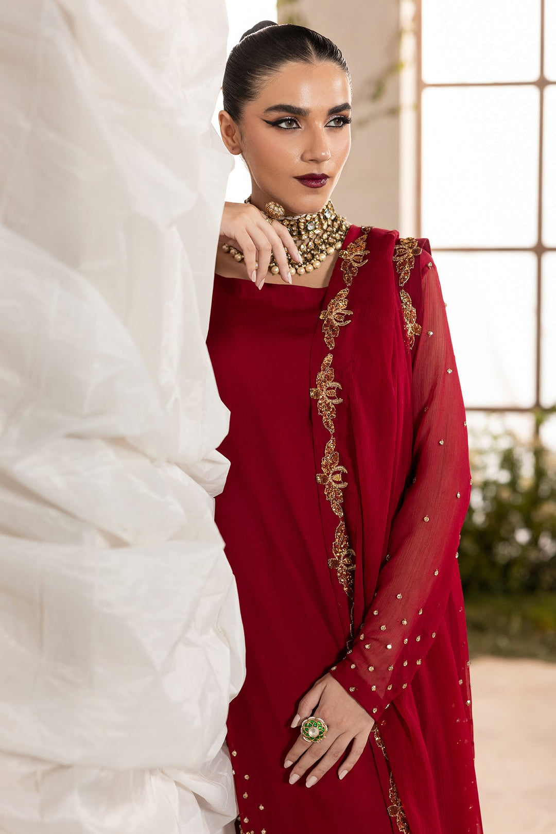 Embroidered Chiffon Red Stitched Suit - Charizma