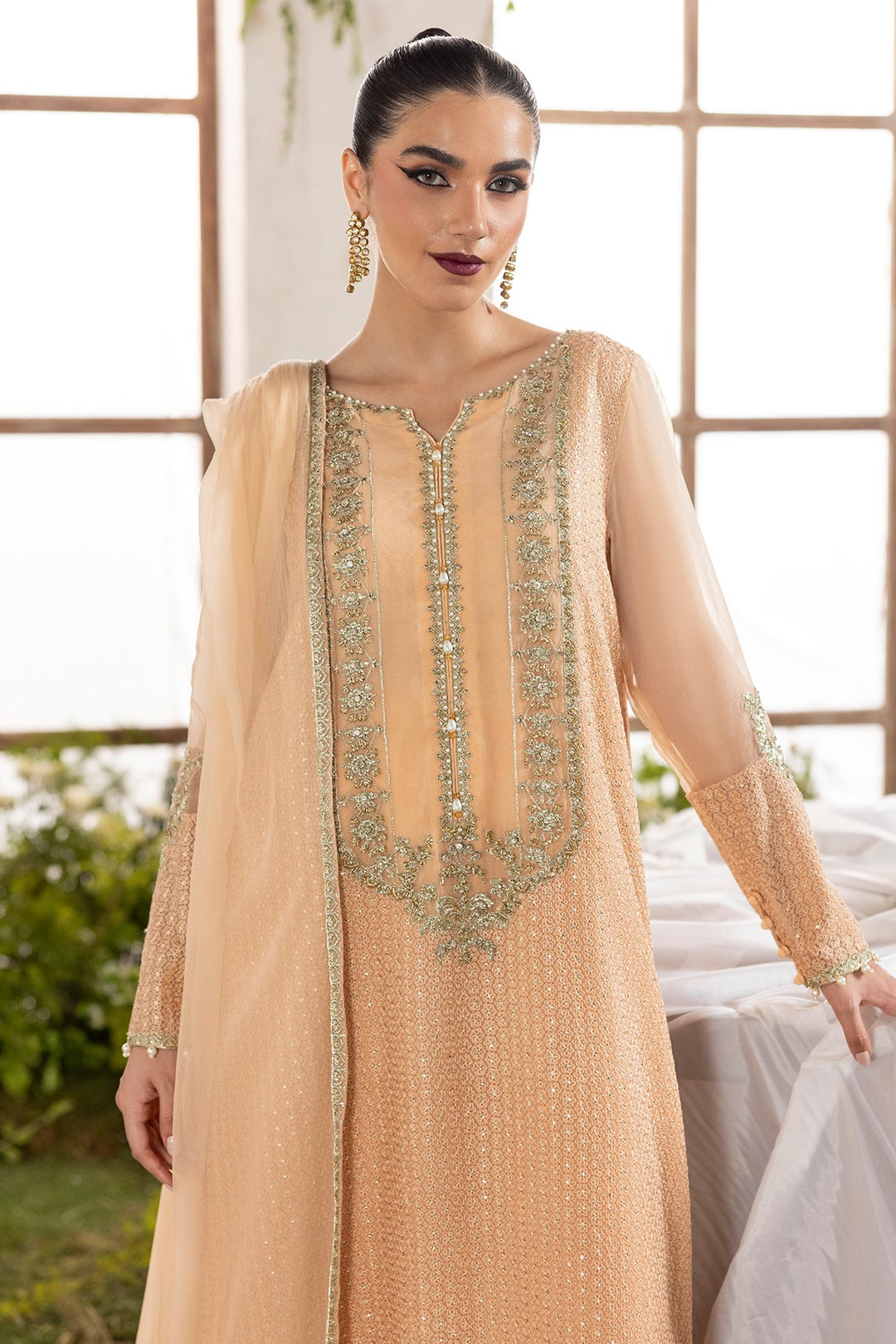 Embroidered Chiffon Peach Stitched Suit - Charizma