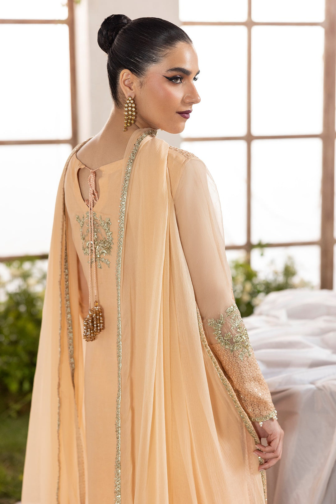 Embroidered Chiffon Peach Stitched Suit - Charizma