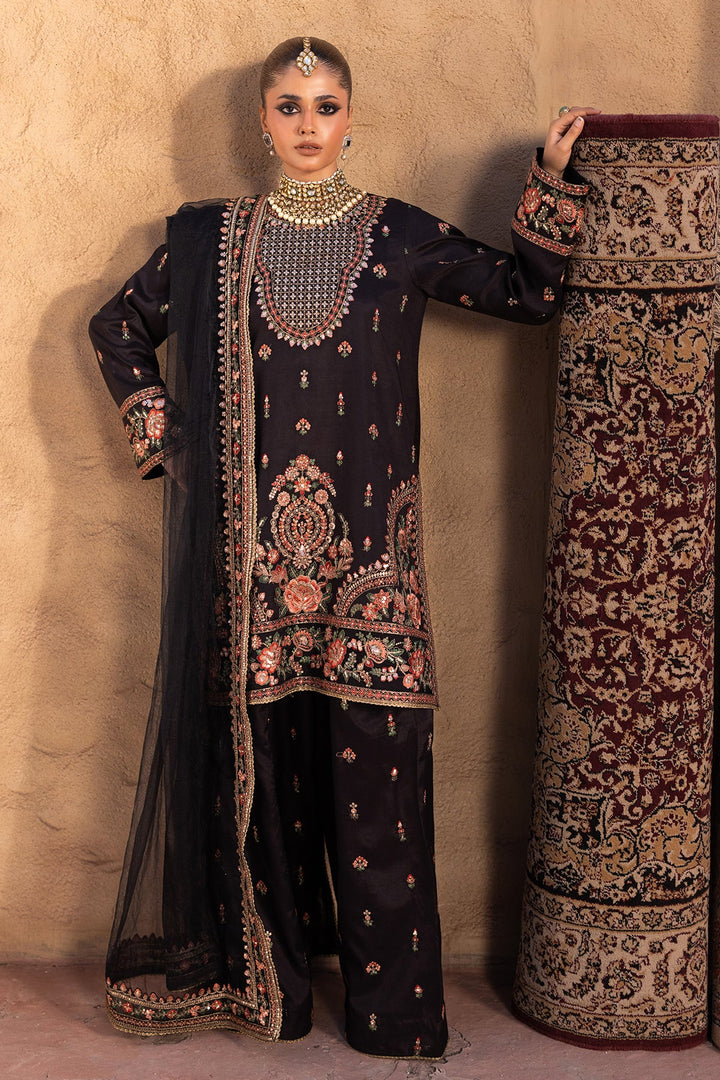Embroidered Raw Silk Black Stitched Suit - Charizma