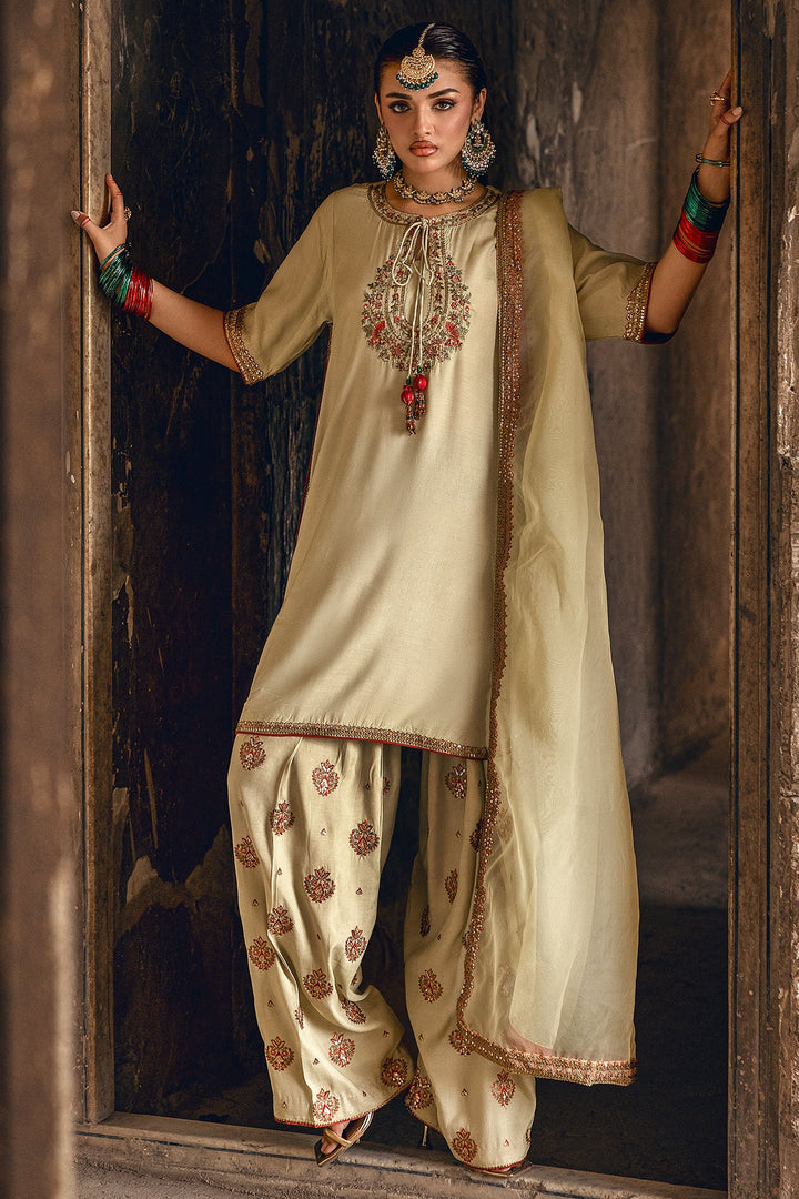 Embroidered Raw Silk Pista Stitched Suit - Charizma
