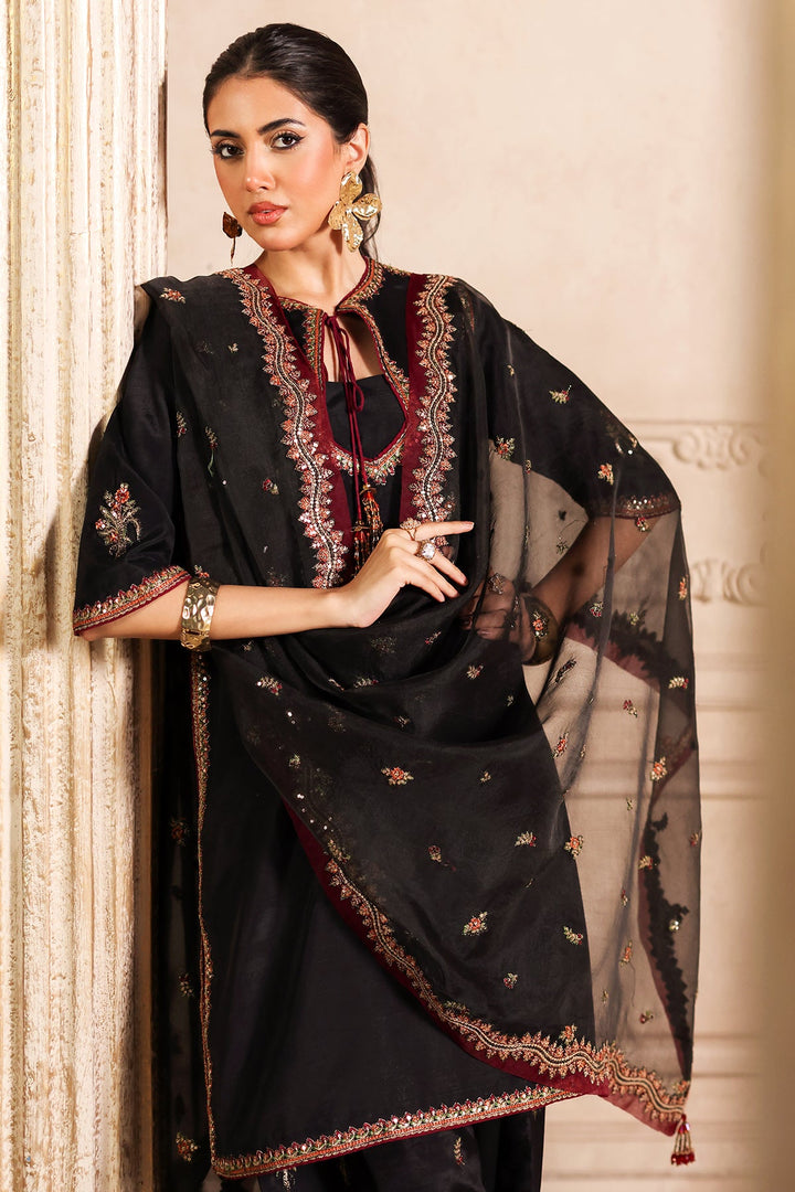 Embroidered Raw Silk Black Stitched Suit - Charizma