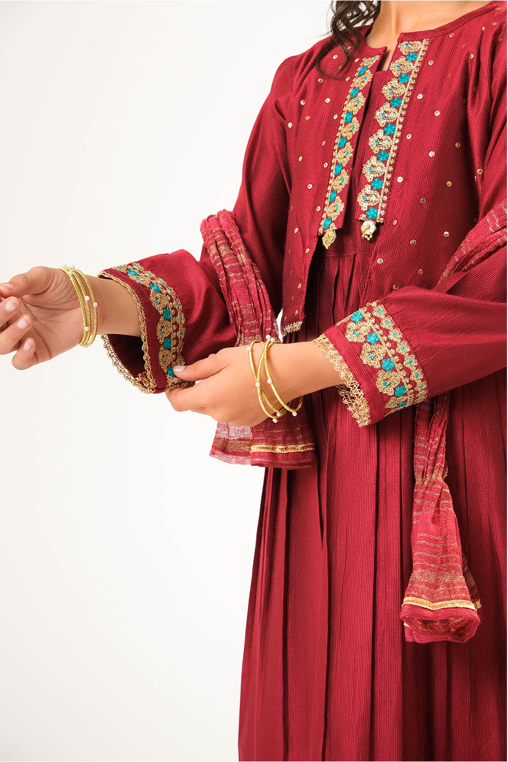 Viscose Chambray Katan Maroon & Golden Stitched Suit - Senorita