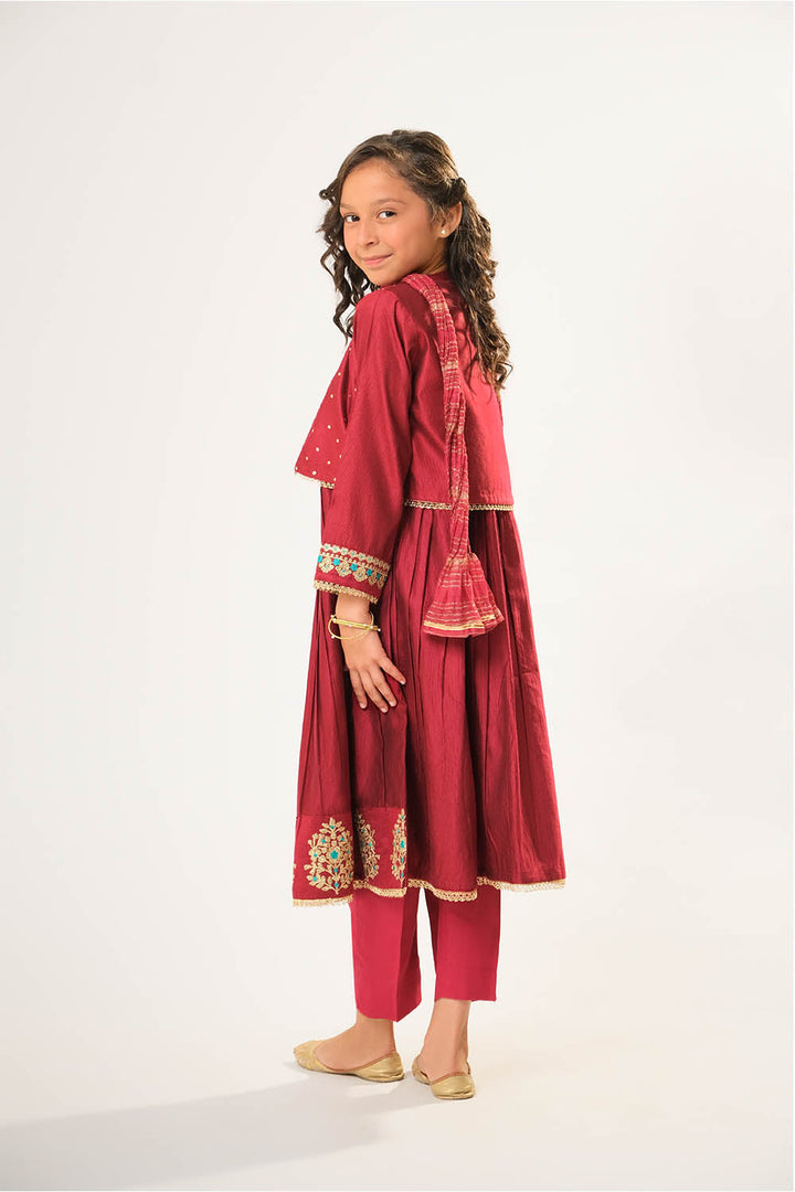 Viscose Chambray Katan Maroon & Golden Stitched Suit - Senorita
