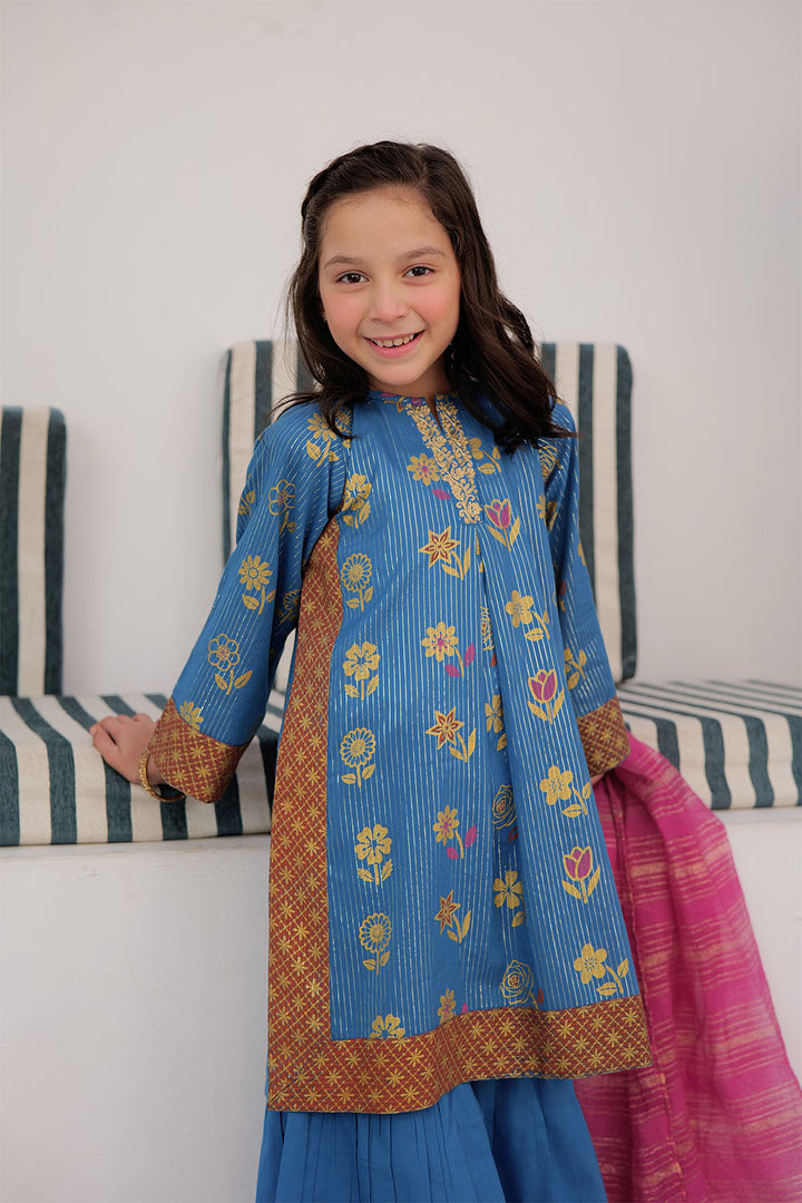 Cotton Dobby Dye Over Gold Print Blue Stitched Suit - Senorita