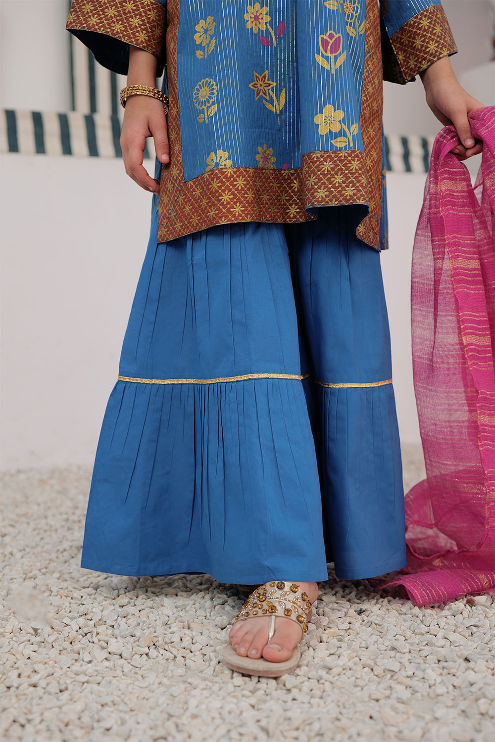 Cotton Dobby Dye Over Gold Print Blue Stitched Suit - Senorita
