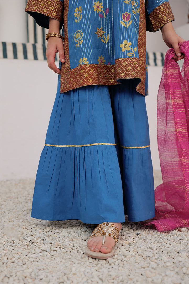 Cotton Dobby Dye Over Gold Print Blue Stitched Suit - Senorita