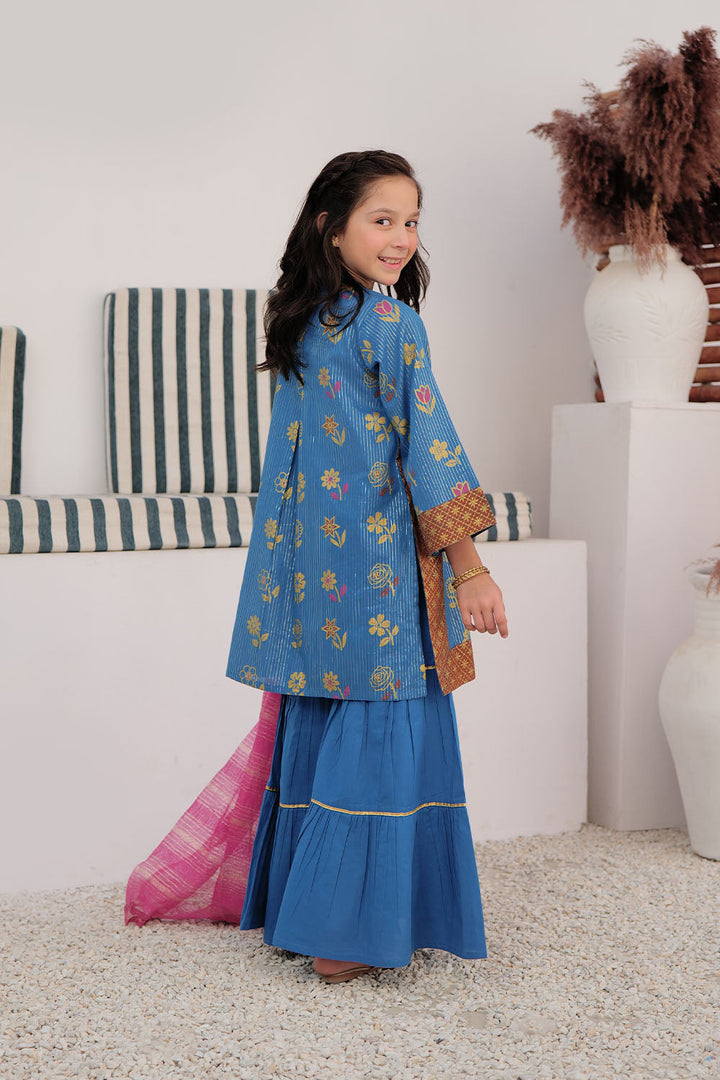 Cotton Dobby Dye Over Gold Print Blue Stitched Suit - Senorita