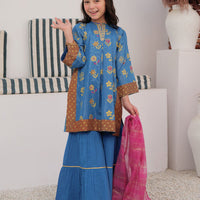 Cotton Dobby Dye Over Gold Print Blue Stitched Suit - Senorita