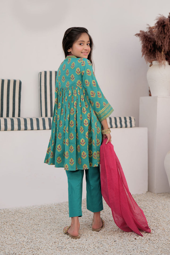 Cotton Dobby Dye Over Gold Print Turquoise Stitched Suit - Senorita