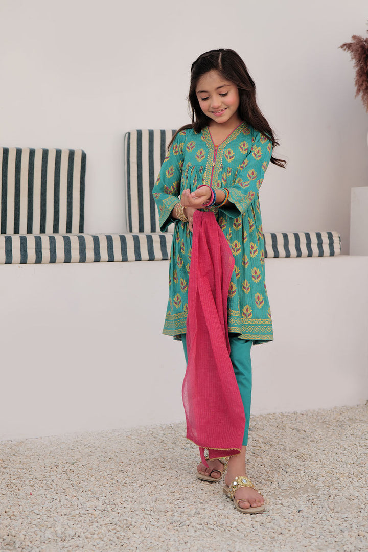 Cotton Dobby Dye Over Gold Print Turquoise Stitched Suit - Senorita