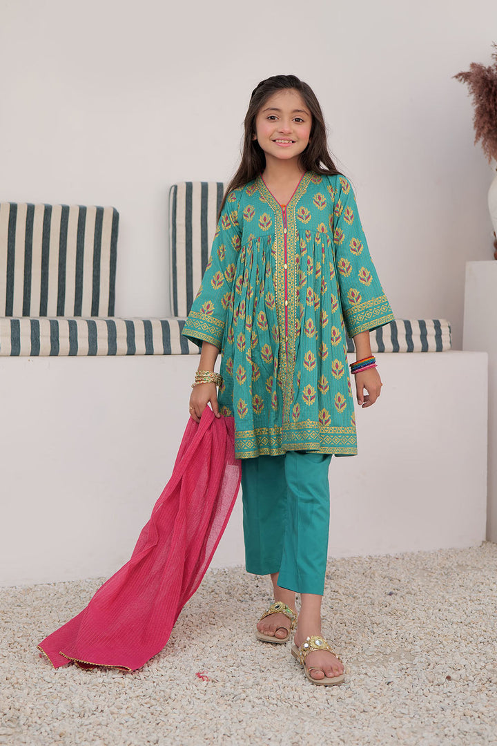 Cotton Dobby Dye Over Gold Print Turquoise Stitched Suit - Senorita