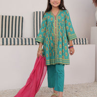 Cotton Dobby Dye Over Gold Print Turquoise Stitched Suit - Senorita