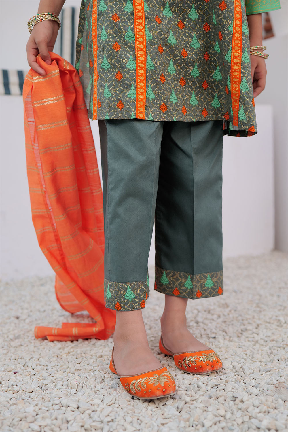Cotton Gold Printed Green Stitched Suit - Senorita