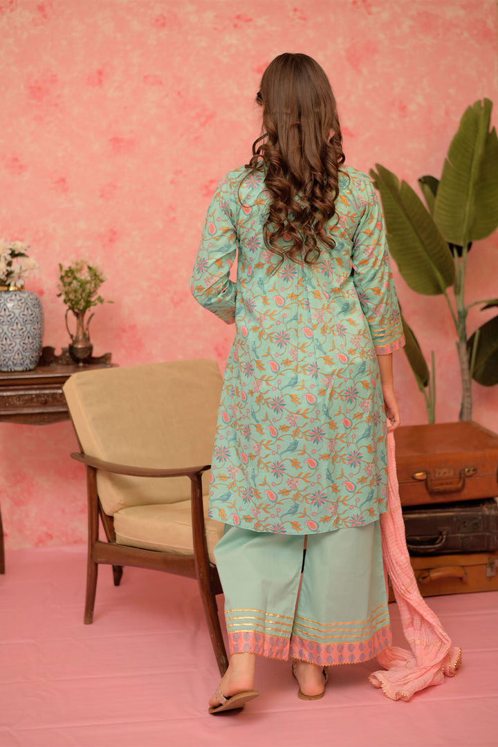 Cotton Lawn Gold Print Sea Green Stitched Suit - Senorita