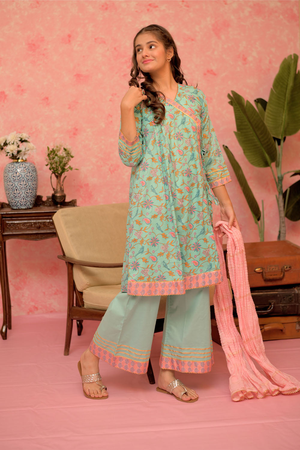Cotton Lawn Gold Print Sea Green Stitched Suit - Senorita